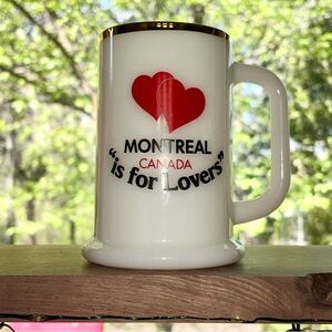 Awesome vintage milk glass beer stein: Montreal Canada is for Lovers